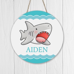 Cute Shark Name Sign, Birch Wood Name Sign, Round Wooden Name Sign, Nursery Decor, Kids Room Decor, Baby Boy Ocean, Name Sign