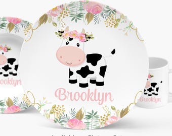 Personalized Cow Plate or Tableware Set: Custom Farm Animal Pink Flowers Dinnerware