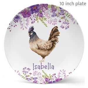 Chicken Flowers Plate or plate  pretty watercolor chicken purple flowers girl farm gift platetoddler gift