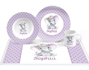 Elephant tableware, purple, girl's gift plate with cute elephant, choose your font for name, elephant gift, plate, bowl, mug, placemat