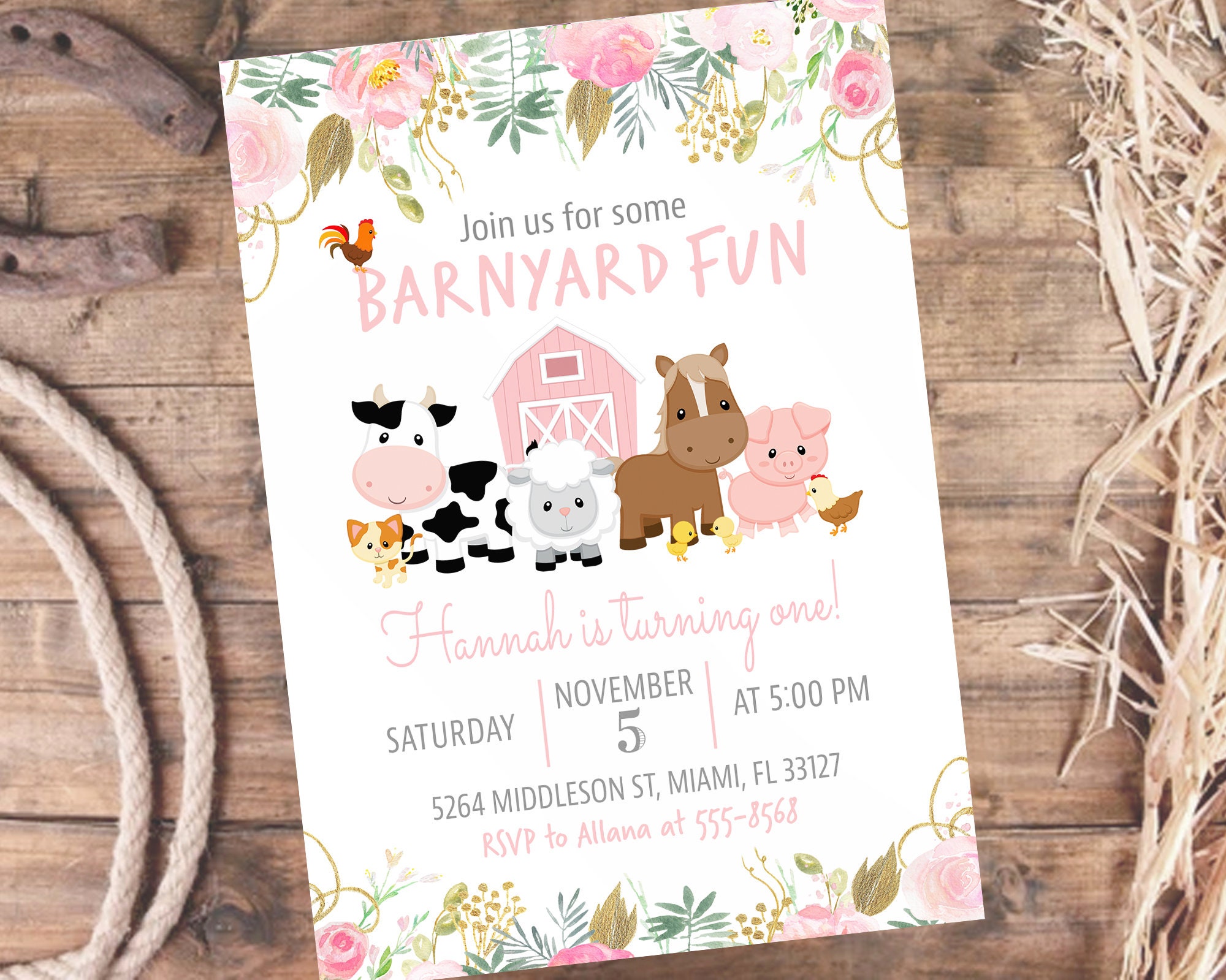 Farm Animals Birthday Invitation for Girl With Flowers Pink - 1st ...