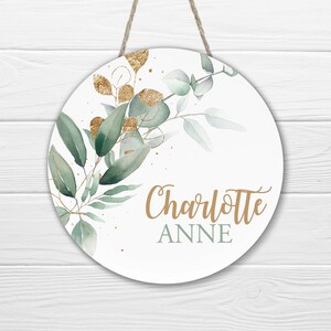 Greenery and Gold Name Sign, Wood Name Sign, Round Wooden Name Sign, Nursery Decor, Kids RoomDecor, Baby Announcement Sign, Girl Name Sign