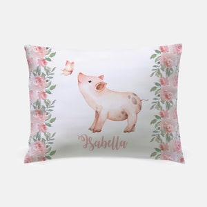 Pig with Flowers Pillowcase, butterfly, Personalized Pillowcase, girl, pig gift, Child's Name