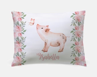 Pig with Flowers Pillowcase, butterfly, Personalized Pillowcase, girl, pig gift, Child's Name