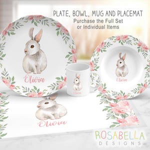 Bunny Rabbit Floral Plate Set personalized with child&#39;s name, watercolor, keepsake quality, daily use, toddler gift, cute bunny with flowers