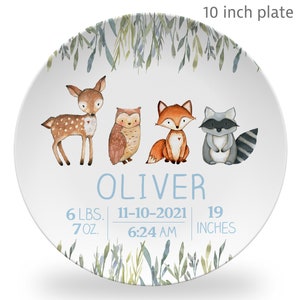 Woodland Animals Baby Birth Stats Plate, Personalized Baby gift, Polymer Plastic keepsake or daily use, baby stats gift