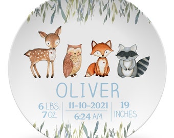 Woodland Animals Baby Birth Stats Plate, Personalized Baby gift, Polymer Plastic keepsake or daily use, baby stats gift