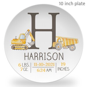 Construction Trucks  Baby Birth Stats Plate, Personalized Baby gift, with Dump truck and Excavator digger, boy newborn stats gift