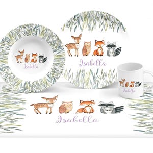 Girl Woodland Animals Tableware, Personalized Plastic Forest Animals Plate - keepsake quality or everyday use, baby gift plate, bowl, mug