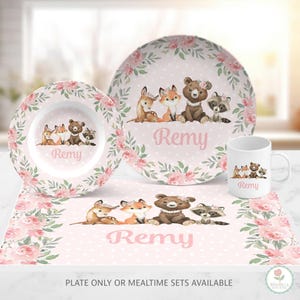 Personalized Woodland Animals Plate or Set: Custom Forest Dinnerware Gift