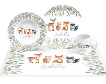 Girl Woodland Animals Tableware, Personalized Plastic Forest Animals Plate - keepsake quality or everyday use, baby gift plate, bowl, mug