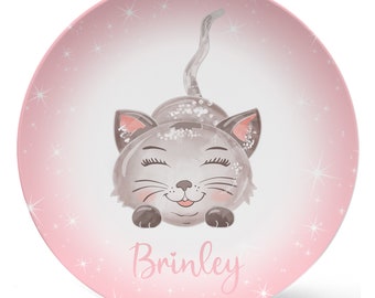 Cat, Kitten, Plate Set personalized with child's name in pink, girl gift, toddler gift, kitten gift