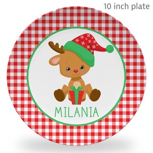 Christmas Reindeer Plate, Keepsake plate, Christmas plate, mug, placemat, bowl, Cute Reindeer with Hat and Christmas Present,  toddler plate