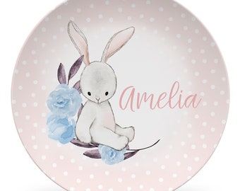 Rabbit Plate, Personalized Plate, cute bunny bear gift, Girl Plate, Flowers, keepsake quality or everyday use, baby gift, girl