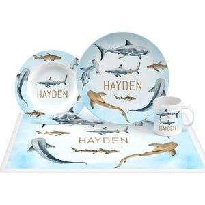 Personalized Sharks Plate Set: Ocean Theme Kids Dinnerware - Choose Pieces