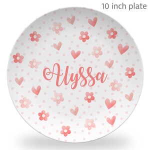 Hearts and Flowers Plate Set, Personalized Plate in pink, boho pink baby girl gift, keepsake quality or daily use