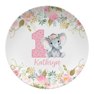 Elephant First Birthday Plate, Keepsake plate, kid&#39;s plate, elephant pink flowers, 1st birthday plate
