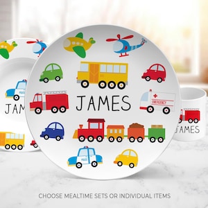 Personalized Boys Plate or Tableware Set: Cars, Trucks, Train & Planes Vehicles Dinnerware