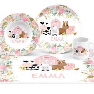 Girl Farm Animals Plate, Keepsake plate, kid&#39;s plate, mug, placemat, bowl, farm animas pink flowers, floral barnyard pink children&#39;s plate