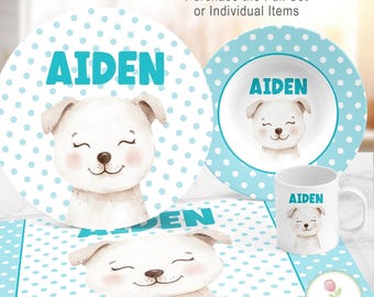 Personalized Dog Plate or Set: Boy Child Toddler Blue Puppy Tableware Gift