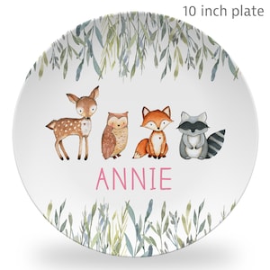 Woodland Animals Plate, Personalized Plastic Forest Animals Plate, baby or toddler gift girl, keepsake, daily use, choose font color