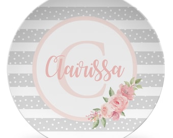 Letter Plate, name and initial, flowers, Girl Personalized Plate with name and initial, girl gift,  baby gift