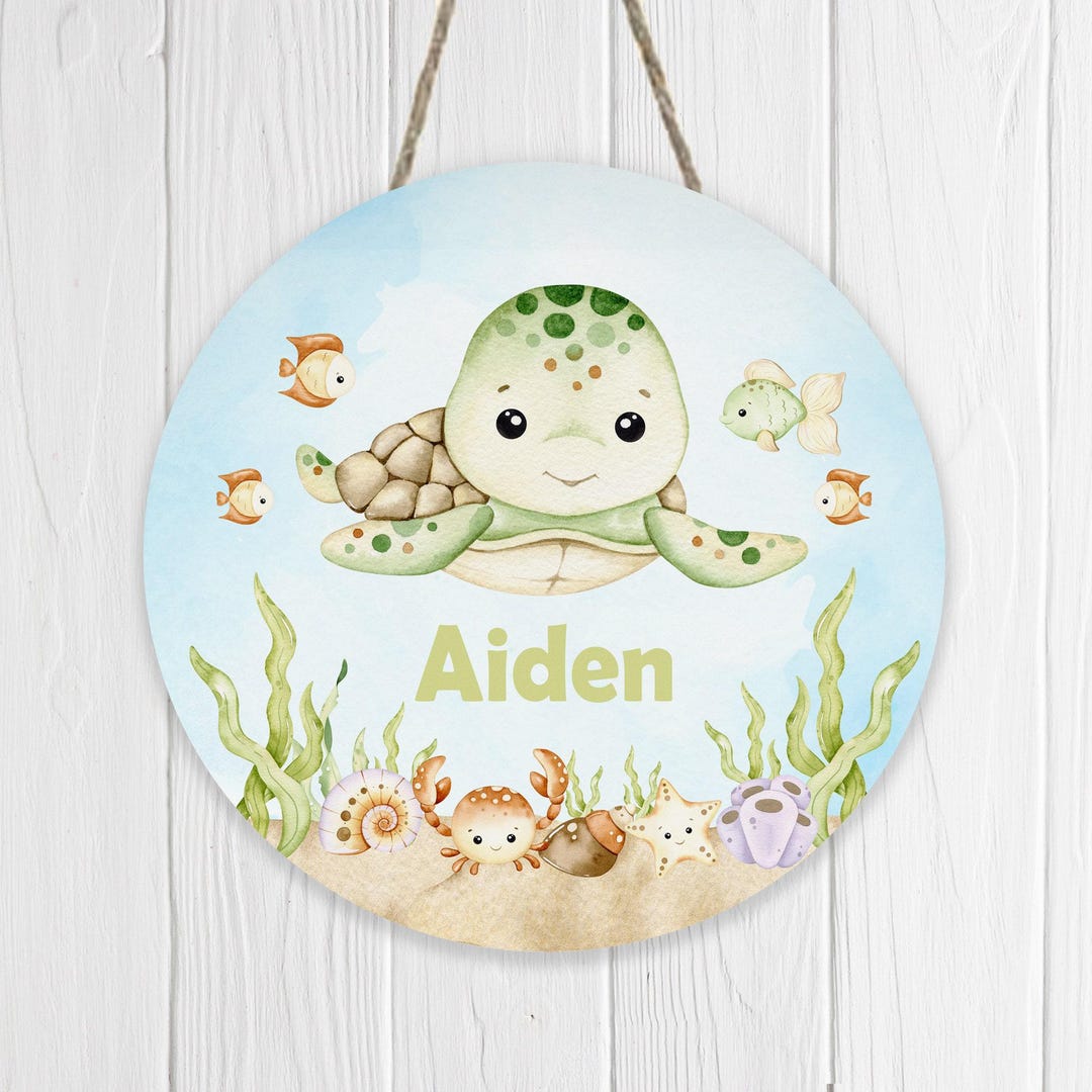 Turtle Personalized Name Sign Ocean Sign, Round Wooden Name Sign ...