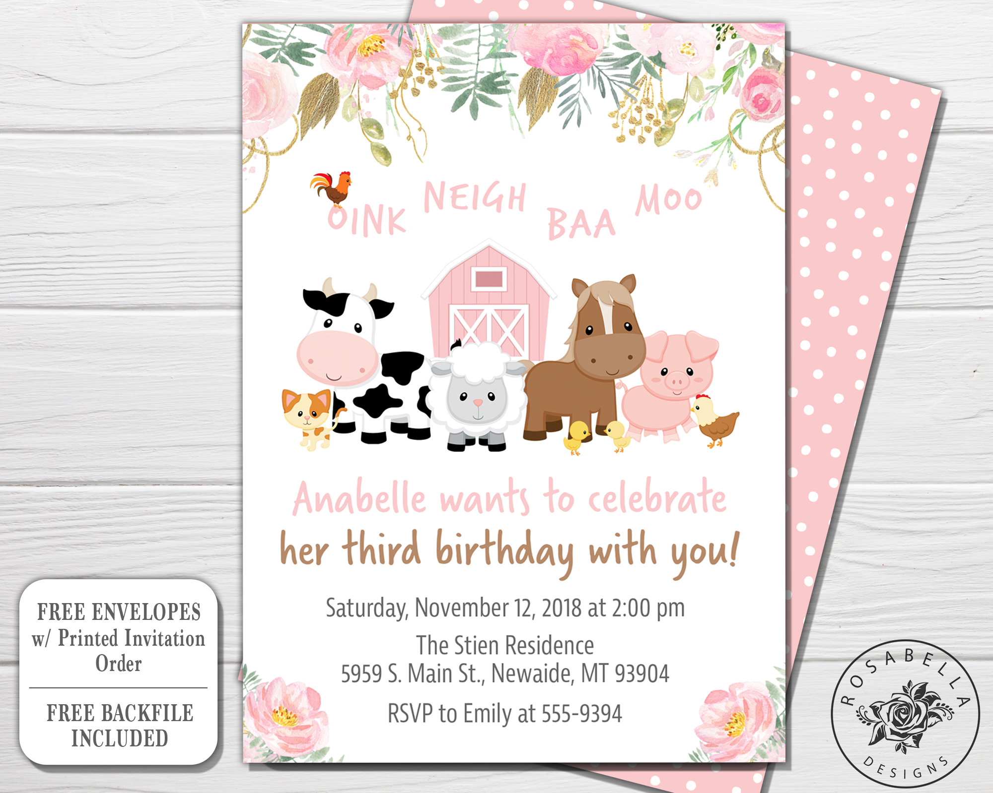 Farm Animals Birthday Invitation for Girl With Flowers Pink Etsy