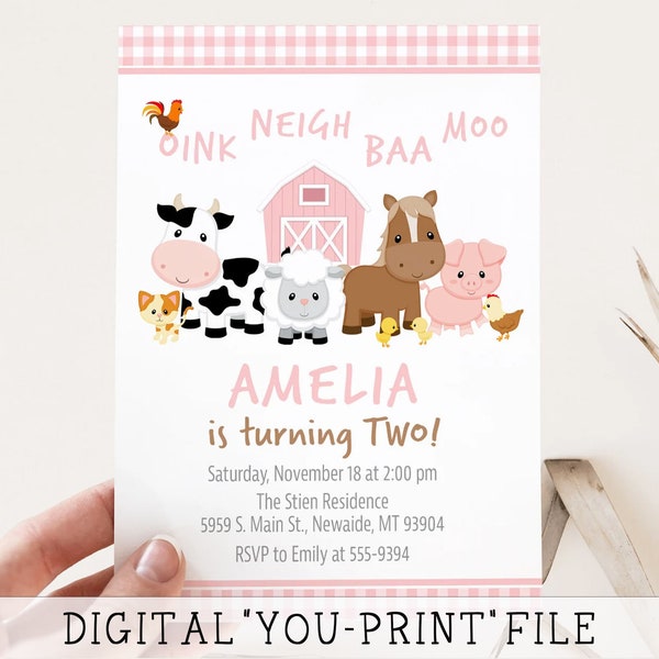 Oink Neigh Baa Moo Digital "You-Print" File, Turning two,  Farm Animals Birthday Invitation for Girl 2nd birthday, barn, farm, barnyard