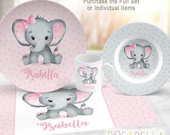 Elephant Plate Set personalized with child's name, girl gift, pink, keepsake quality or daily use, toddler gift, girl gift, cute elephant