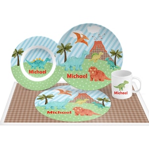 Personalized Dinosaur Kids Plate Gift Dinnerware Plate and Bowl Mug Placemat Toddler dinosaur gift, personalized dino plate or plate set