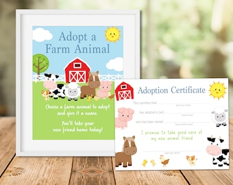 Farm Animal Adoption Sign and Certificate, Barnyard Birthday Party (Digital Download)