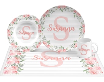 Personalized Girl Plate with flowers name and initial and gray stripes, plate, bowl, mug, placemat, girl's plate pink, personalized gift