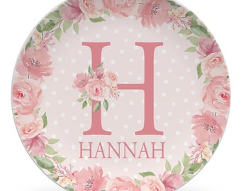 Letter Plate, name and initial, Personalized Plate with name and initial, girl gift, Flowers, keepsake quality or everyday use, baby gift