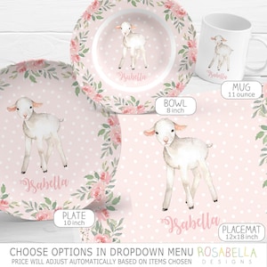 Lamb Personalized Plate Set, Personalized Plate, bowl, mug placemat, lamb gift, pink flower border, keepsake quality daily use, baby gift
