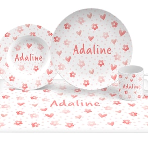 Hearts and Flowers Plate Set, Personalized Plate in pink, boho pink baby girl gift, keepsake quality or daily use