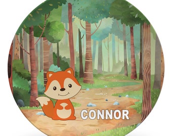 Fox Plate or Plate Set, forest background, trees, personalized, child's name, keepsake quality/daily use, toddler gift, boy gift, fox gift