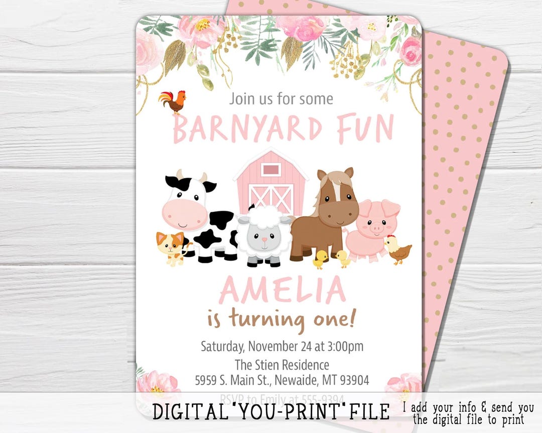 Farm Animals Birthday Invitation for Girl With Flowers Pink - 1st ...
