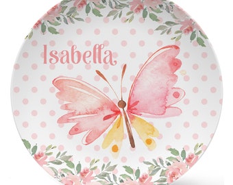 Cute Butterfly Plate, Pink Flowers Personalized Plate, bowl, mug, placemat or set, butterfly gift, pink flower border, kid baby girl gift