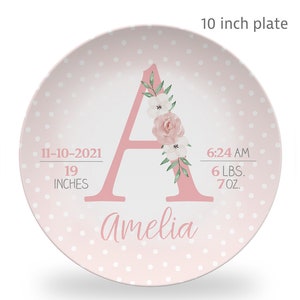 Baby Birth Stats Plate, Name and Initial with Flowers, Personalized, Baby gift, Polymer Plastic keepsake or daily use,, baby stats gift NA1