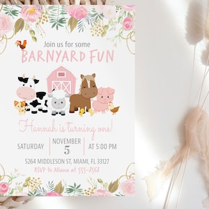 Farm Animals Birthday Invitation for Girl with Flowers pink - 1st Birthday or any age - Barnyard Fun, Turning One Flower Farm