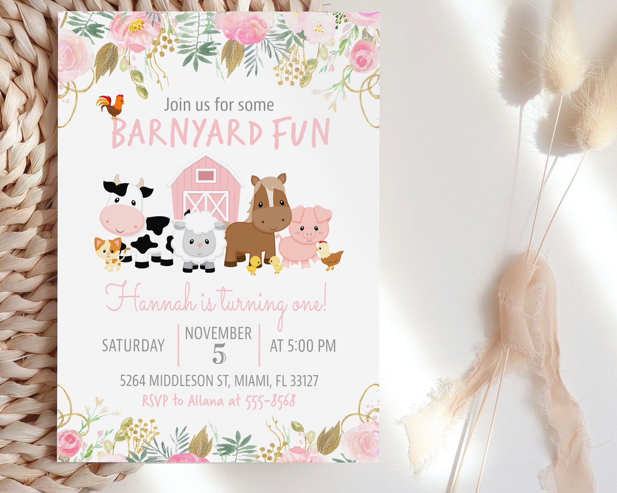 Farm Animals Birthday Invitation for Girl With Flowers Pink - 1st ...