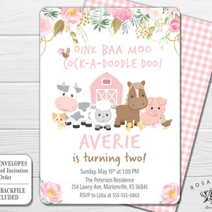 Oink Baa Moo cock-a-doodle doo, Turning two  Farm Animals Birthday Invitation for Girl, 2nd birthday, pink, barn, farm, barnyard