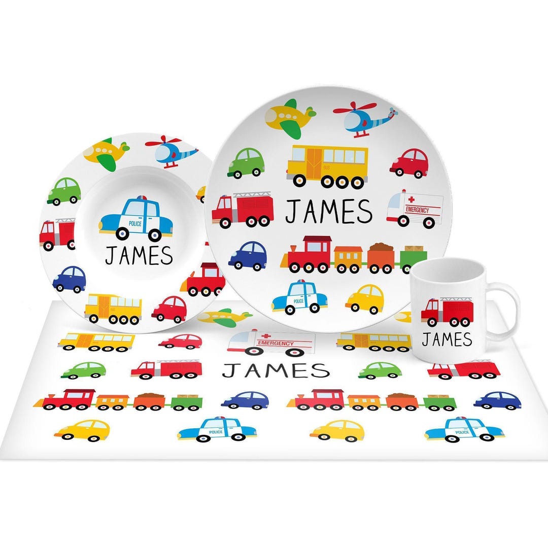 Personalized Boys Plate Set: Transportation Cars, Trucks, Train & Plane ...