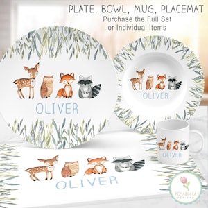 Woodland Animals Plate, Personalized Plastic, Forest Animals Plate - keepsake quality or everyday use, baby gift, boy or girl, choose color