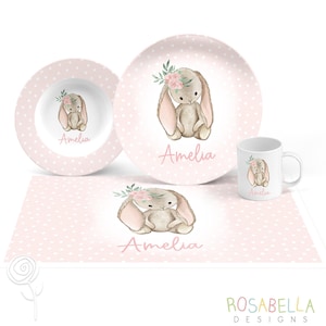 Bunny Plate, Personalized Plate, cute rabbit gift, Girl Plate, Flowers, keepsake quality or everyday use, baby gift, girl