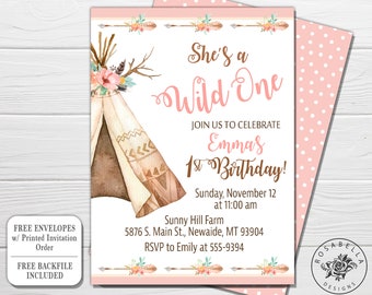 She's a Wild One Girl's Birthday Invitation, Boho chic TeePee, First Birthday, teepee floral, arrow, Digital or Printed Invitations