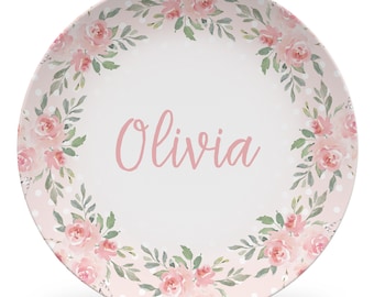 Name and flowers Plate, Personalized Plate with name and initial, girl gift, Flowers, keepsake quality or everyday use, baby gift