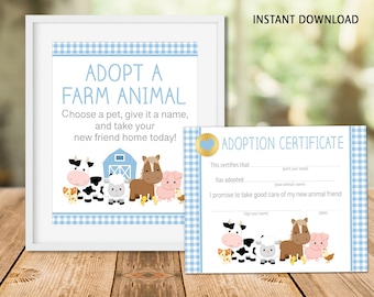 Farm Animal Adoption Sign & Certificate: Party Activity Barnyard Birthday (Digital Download)
