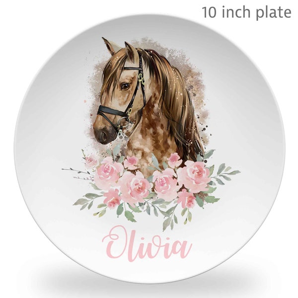 Personalized Horse Plate Set, Personalized Plate, bowl, mug placemat, horse gift, pink flower border, keepsake quality daily use, baby gift